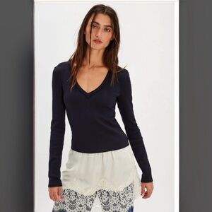 New We the Free free People Neria Long Sleeve Top Black medium fitted v neck